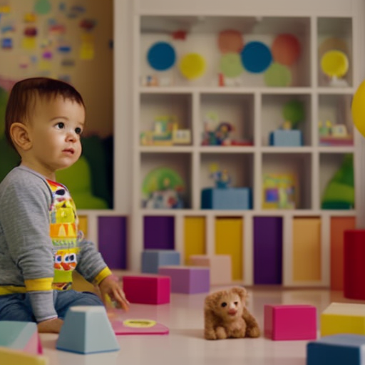 An image of a cozy, well-lit playroom with colorful, alphabet-themed wall decals, shelves filled with picture books, and a toddler engrossed in conversation with a plush toy, surrounded by engaging language resources