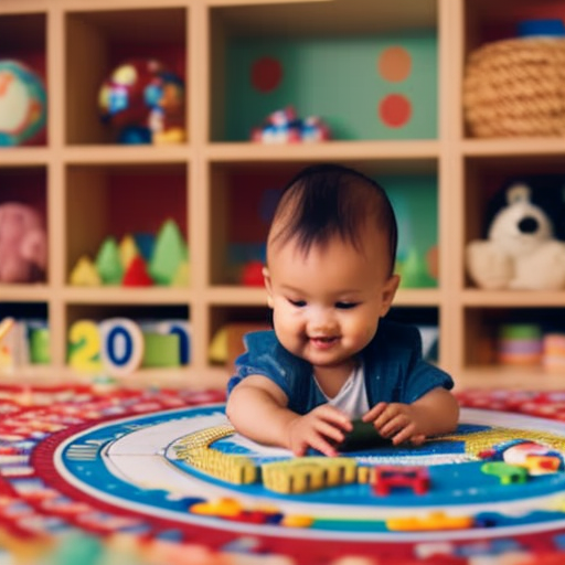 An image showcasing a cheerful toddler sitting cross-legged on a colorful play mat, surrounded by various language-themed toys and games like flashcards, puzzles, and magnetic letters, all evoking a vibrant and engaging learning atmosphere