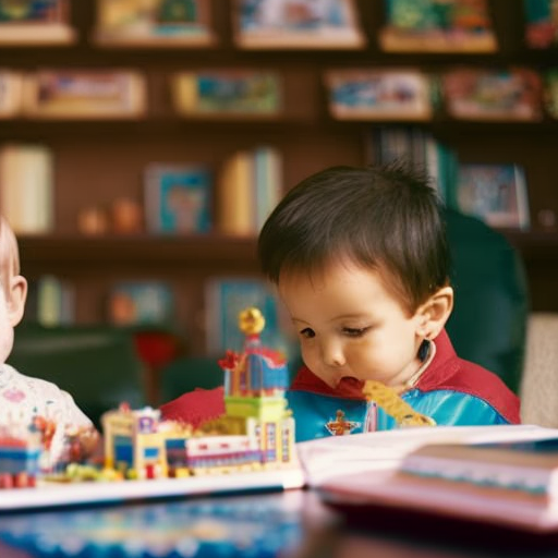 An image of a toddler eagerly exploring a vibrant picture book, pointing to colorful objects while an engaged adult sits beside them, encouraging conversation and expanding their vocabulary