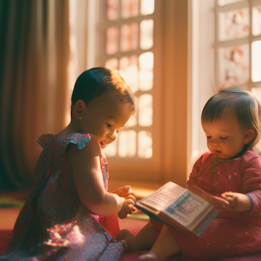 An image featuring a cozy reading nook with a parent and toddler immersed in a colorful storybook