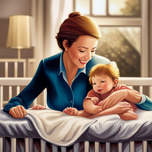 An image capturing a cozy nursery scene: a serene, slumbering baby peacefully nestled in a crib, while a caring parent gently pats their back, releasing a gentle burp