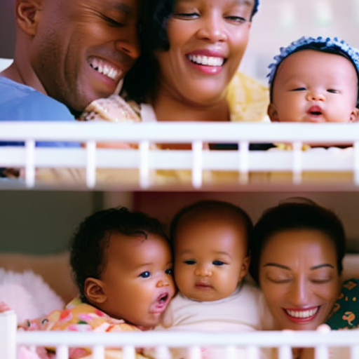 An image showcasing a collage of happy parents with their adorable babies, each peacefully sleeping in their Buybuybaby cribs