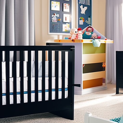 An image showcasing a pristine, modern nursery with an array of top-rated cribs from Buybuybaby