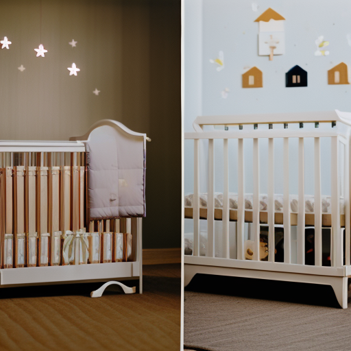 An image showcasing a collage of different types of baby cribs, featuring a convertible crib with adjustable heights, a portable crib with wheels, a canopy crib with intricate designs, and a minimalist crib with sleek lines and neutral colors