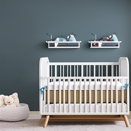 An image showcasing a sturdy, adjustable baby crib with a sleek, non-toxic finish
