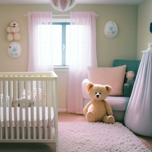 An image that showcases a serene nursery with soft pastel walls and a baby crib neatly assembled in the center, adorned with a cozy mattress, a mobile of cute animals hanging above, and a plush teddy bear nestled inside