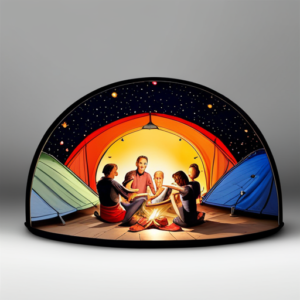 An image depicting a starry night sky with a cozy campfire surrounded by a circle of colorful tents
