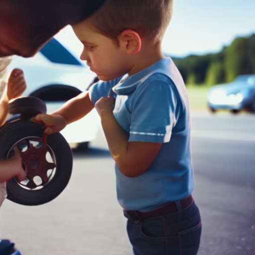 An image depicting a responsible parent inspecting their car's brake pads, tire pressure, and fluid levels, showcasing the importance of regular maintenance for ensuring the safety of their children on the road