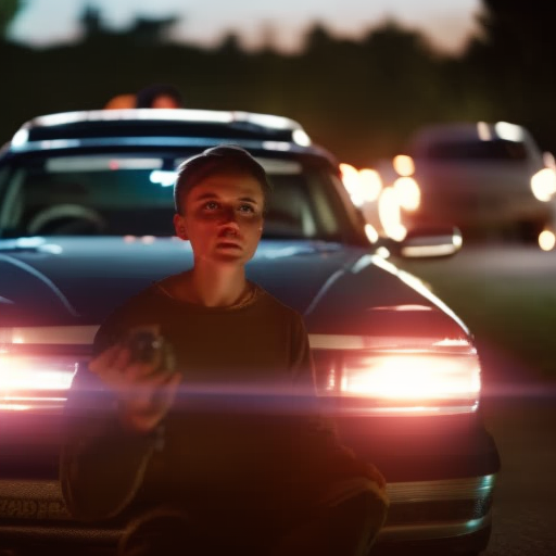 An image depicting a concerned parent inspecting their car's headlights at night, showcasing a clear beam of light illuminating the road ahead, while emphasizing the importance of proper car maintenance for the safety of their family
