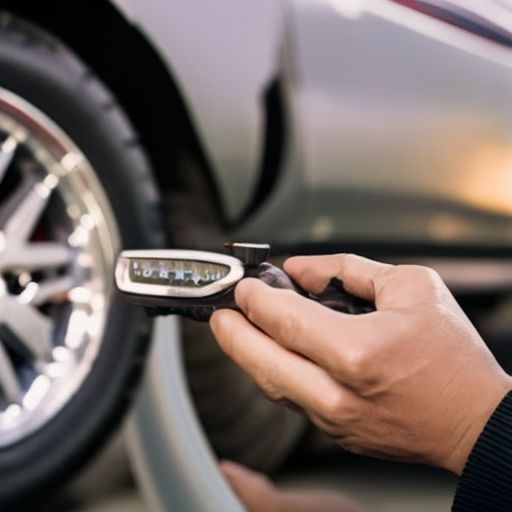 An image showcasing a close-up view of a parent's hand checking tire pressure with a gauge, emphasizing the importance of proper inflation for car safety