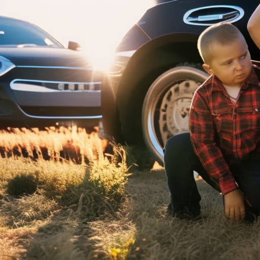 An image showcasing a concerned parent, kneeling beside their car with the hood open