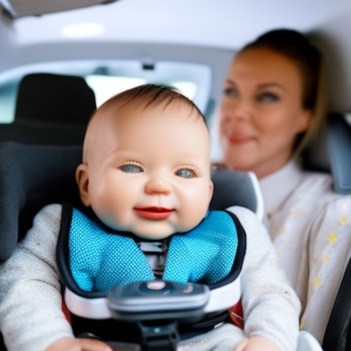 An image depicting a rear-facing car seat installed at a 45-degree angle with a newborn doll securely fastened, showcasing proper alignment, harness height, and chest clip placement according to car seat safety guidelines