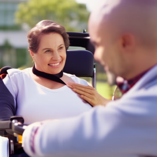 An image showcasing a state-of-the-art wheelchair accessible vehicle, with a wheelchair user securely fastened using four-point restraints, while a caregiver attentively adjusts the safety belt and ensures proper positioning