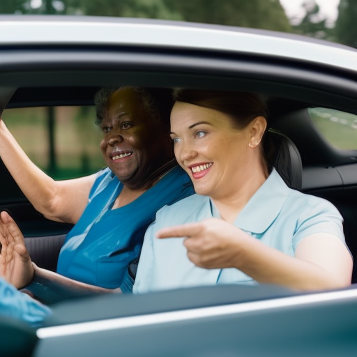 An image capturing a caregiver attentively instructing a driver about specialized car safety features for special needs individuals