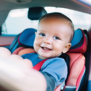 An image showcasing a sturdy, rear-facing car seat installed correctly in a well-lit vehicle, with a smiling toddler securely strapped in, surrounded by cushioned headrests, adjustable safety belts, and side impact protection