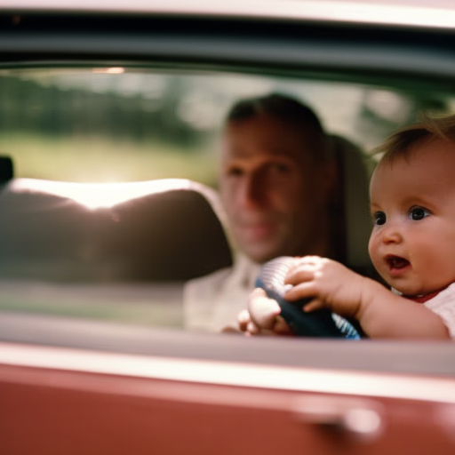 An image showcasing a focused parent in the driver's seat, steering wheel in hand, attentively glancing at the rearview mirror while their toddler plays peacefully with a stuffed animal in a rear-facing car seat