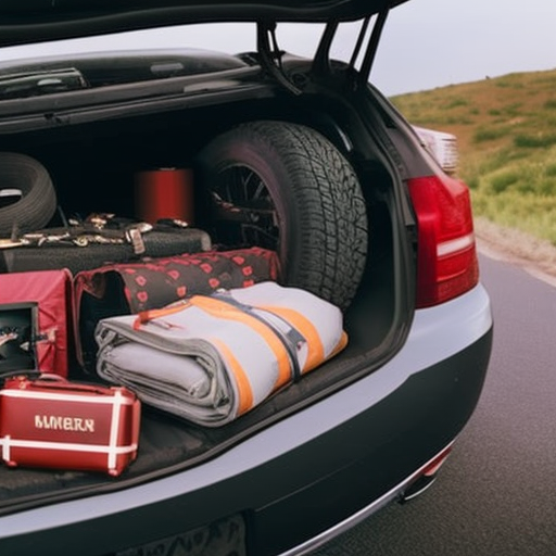 An image featuring a car's trunk packed with a well-stocked emergency kit, including a first aid box, spare tire, jumper cables, flashlight, and blankets neatly organized