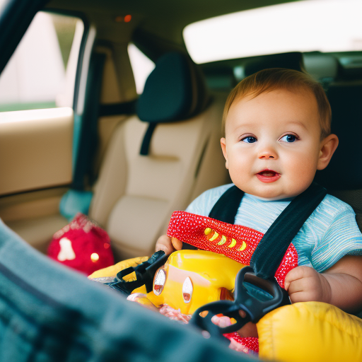 An image showing a car interior with a toddler in a car seat and various objects (toys, groceries, etc