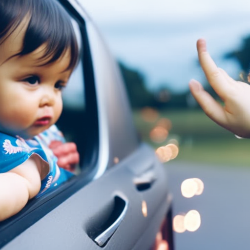 An image of a concerned parent's hand firmly gripping a car door handle, while a curious toddler's hand reaches towards the unlocked window, emphasizing the importance of keeping windows and doors securely locked for toddler safety