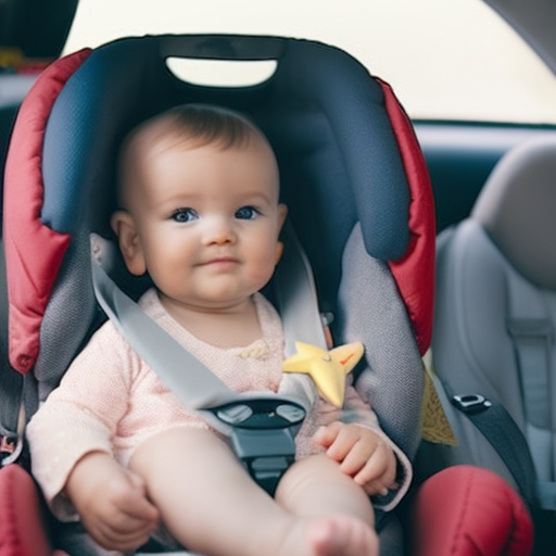 An image showcasing a mother securely buckling her wide-eyed toddler into a rear-facing car seat, surrounded by cushions and toys for added safety, highlighting the importance of proper car safety for toddlers