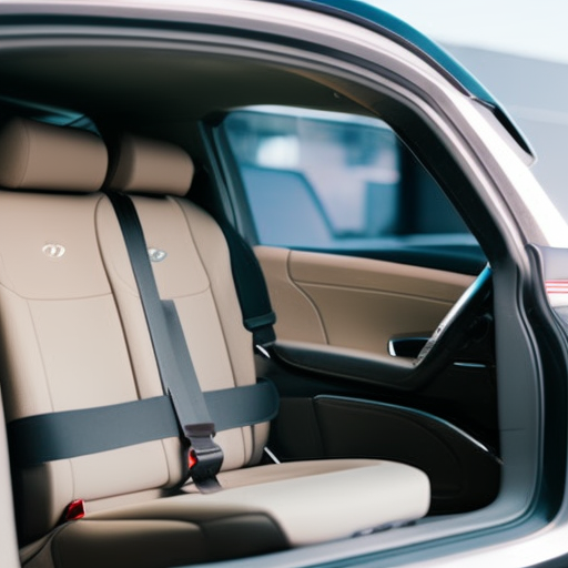 An image showcasing a sleek, modern car seat perfectly fitted into the backseat of a luxury sedan