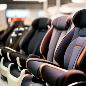 An image showcasing a diverse selection of car seats, displayed in a well-lit showroom