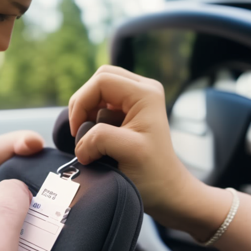An image featuring a close-up of a parent's hand filling out a car seat registration card, with the car seat displayed prominently in the background, emphasizing the importance of registering your car seat with the manufacturer for optimal safety