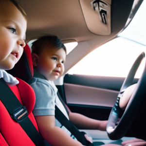 An image showcasing a well-lit interior car shot with a properly installed car seat, displaying clear and secure harness straps, correctly positioned head support, and a snugly fastened seatbelt, ensuring maximum safety for little passengers