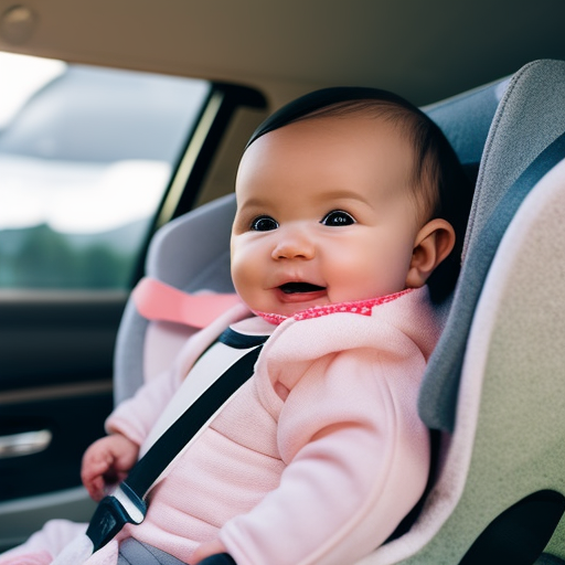 An image depicting a rear-facing car seat securely installed in a vehicle, with a smiling baby comfortably seated inside