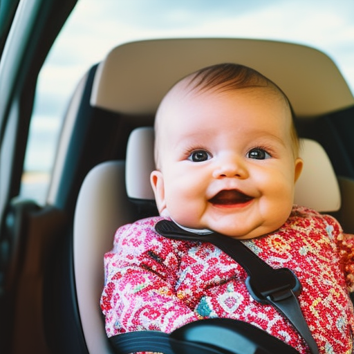 An image showcasing a rear-facing car seat installed in the center of the backseat, with an infant securely fastened inside