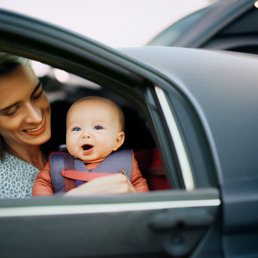 An image depicting a worried parent securely buckling their smiling baby into a rear-facing car seat, emphasizing the importance of proper installation and ensuring a safe and protected journey for the little one