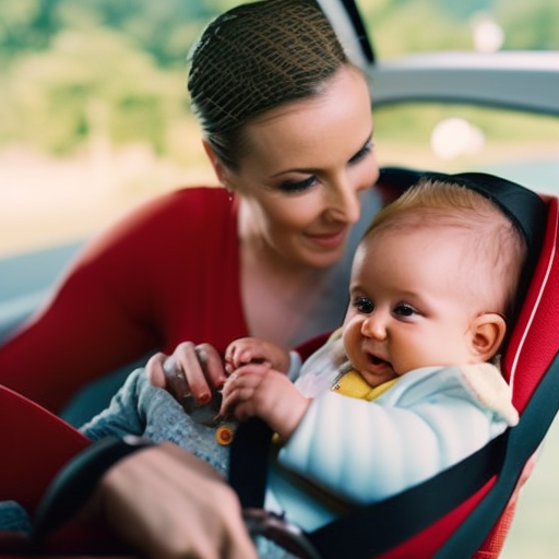An image depicting a parent securing their baby in a car seat, following guidelines: baby's back flat against the seat, harness straps snugly over shoulders, chest clip at armpit level, and no bulky clothing