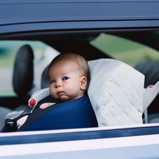 An image depicting a secure rear-facing car seat positioned in the back seat of a vehicle, with a newborn safely strapped in, surrounded by plush padding and head support for optimal comfort and protection
