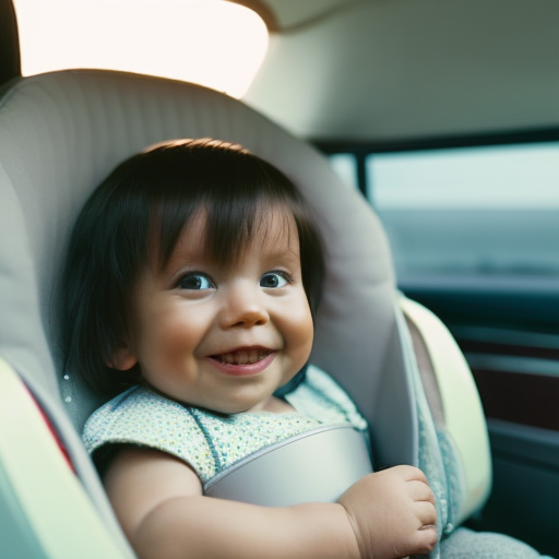 An image showcasing a toddler sitting comfortably in a properly installed booster seat, with the seatbelt securely fastened across their chest, the headrest adjusted to their height, and a smile of contentment on their face