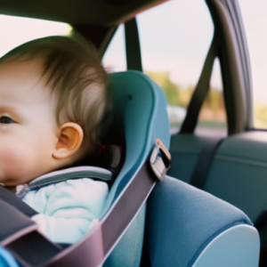 An image showing a rear-facing car seat securely installed in a vehicle, with a toddler strapped in, wearing a properly adjusted harness