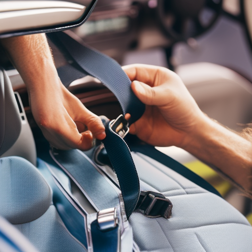 An image showcasing a skilled technician examining a car seat, meticulously inspecting the straps, buckles, and padding for wear and tear, ensuring optimal safety for little passengers during the scorching summer months