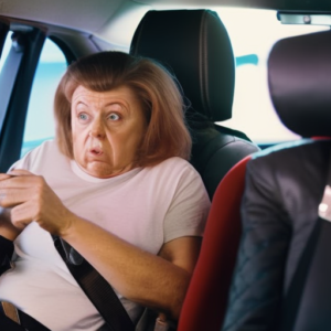 An image that depicts a worried parent struggling to properly secure a car seat, with a confused expression while adjusting straps, checking angles, and double-checking the manual for guidance