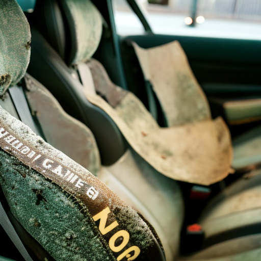 An image depicting a faded, weathered car seat with an expired date sticker peeling off