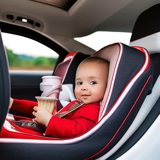 An image showcasing a luxuriously padded car seat with adjustable headrest, plush armrests, and a built-in cup holder, promising ultimate comfort and convenience for your little one during those long road trips