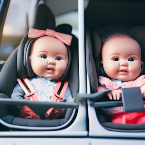 An image showcasing two car seats side by side, one facing the rear with a baby doll strapped in, and the other facing forward with a toddler doll secured, highlighting the differences between rear-facing and forward-facing seats