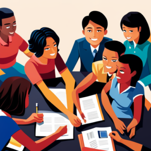 An image of a diverse group of teenagers gathered around a table, each engaged in different activities like researching, drawing, and discussing, symbolizing the dynamic process of career planning