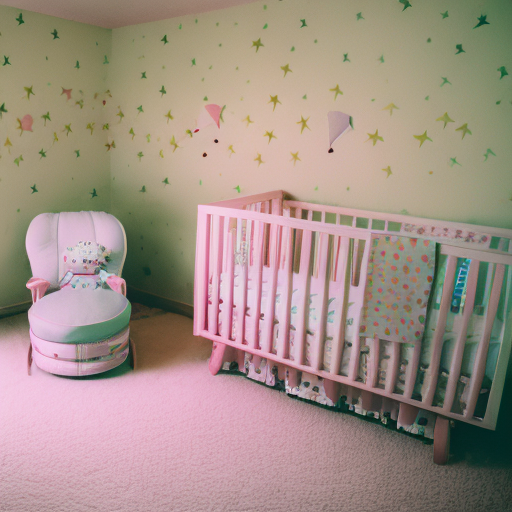 An image featuring a cozy nursery corner with a budget-friendly baby bed adorned in soft pastel bedding, surrounded by whimsical wall decals, a DIY mobile, and a thrifted rocking chair