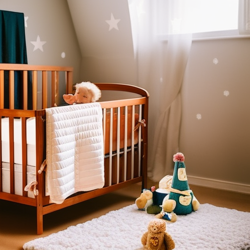 An image showcasing a cozy, budget-friendly baby bed surrounded by soft blankets and toys, contrasting with a sturdy, high-quality crib in the background