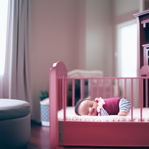 An image showcasing a cozy nursery with a smiling baby, peacefully sleeping in a beautiful, affordable crib