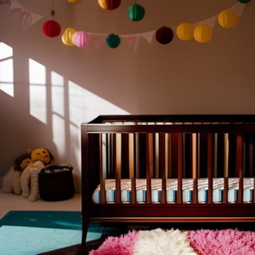 An image showcasing a diverse range of modern, sturdy cribs in various colors and styles, displayed against a backdrop of a vibrant nursery