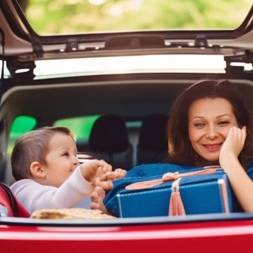 An image showing a thoughtful parent in the driver's seat, packing a spacious car trunk with essential items for a long trip, including a first-aid kit, snacks, entertainment, and cozy blankets, ensuring a safe and comfortable journey for their children