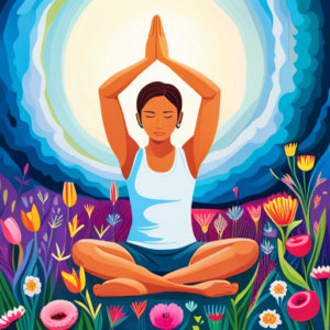 An image featuring a group of children, aged 5 to 10, peacefully practicing yoga and mindfulness on a vibrant, flower-filled meadow