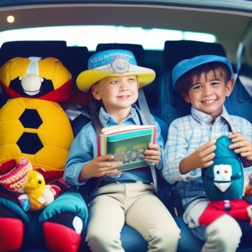 An image showcasing a backseat filled with vibrant, soft-padded organizers hanging from the headrests, holding toys, books, and tablets, with cheerful characters adorning the seat covers, ensuring a safe and entertaining road trip for children