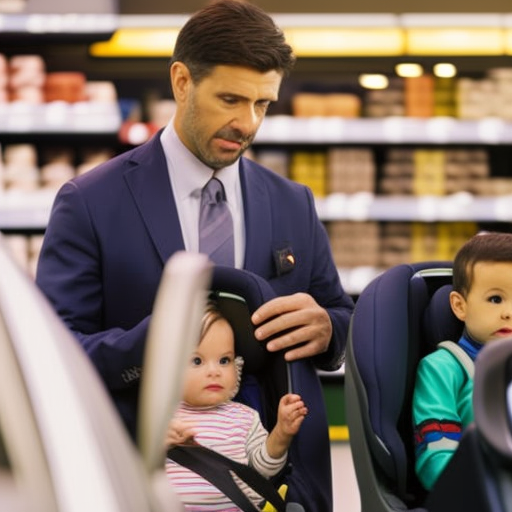 An image depicting a concerned parent diligently scrutinizing different car seat options at a store, with a salesperson demonstrating the features