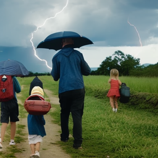 An image depicting a family road trip scene with dark clouds looming overhead, parents collaboratively packing raincoats and umbrellas, while children excitedly watch lightning crackle in the distance